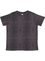Load image into Gallery viewer, Flat lay front view of a Youth Fine Jersey T-Shirt featuring an all-over dark charcoal and black reptile scales print pattern with short sleeves and a classic crew neck

