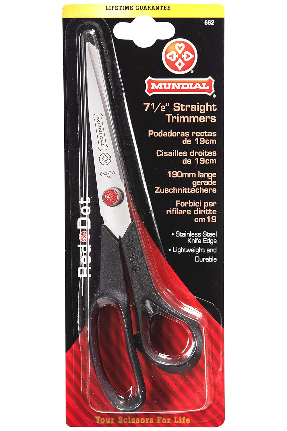 7 1/2" --- Straight Trimmers - Red Dot - Sewing Dressmaker Scissors, Black Color by Mundial®