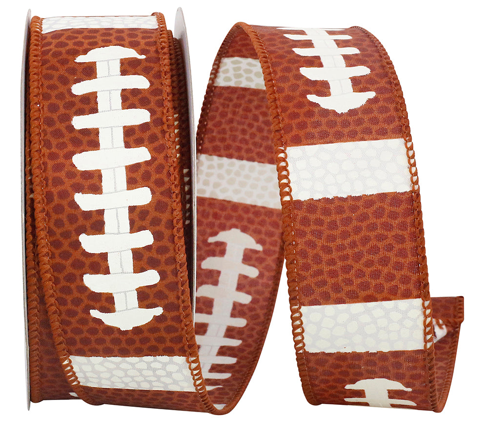 Football Pigskin Wired Edge Ribbon - Brown Color -- 1.5" x 10 Yards