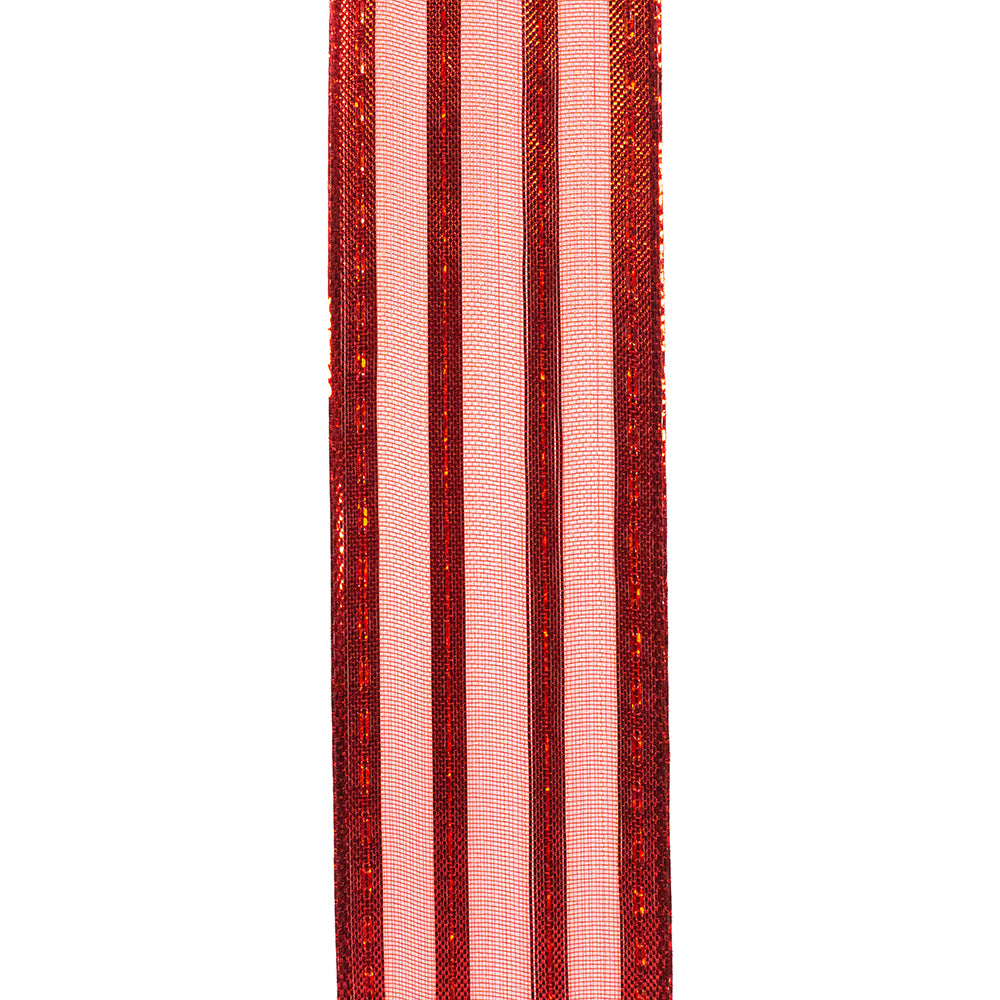 1 ½ inch x 10 yards ---  Red --- Sheer Metallic Stripes Value Christmas Ribbon