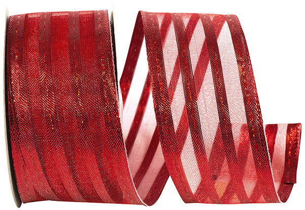 1 ½ inch x 10 yards ---  Red --- Sheer Metallic Stripes Value Christmas Ribbon