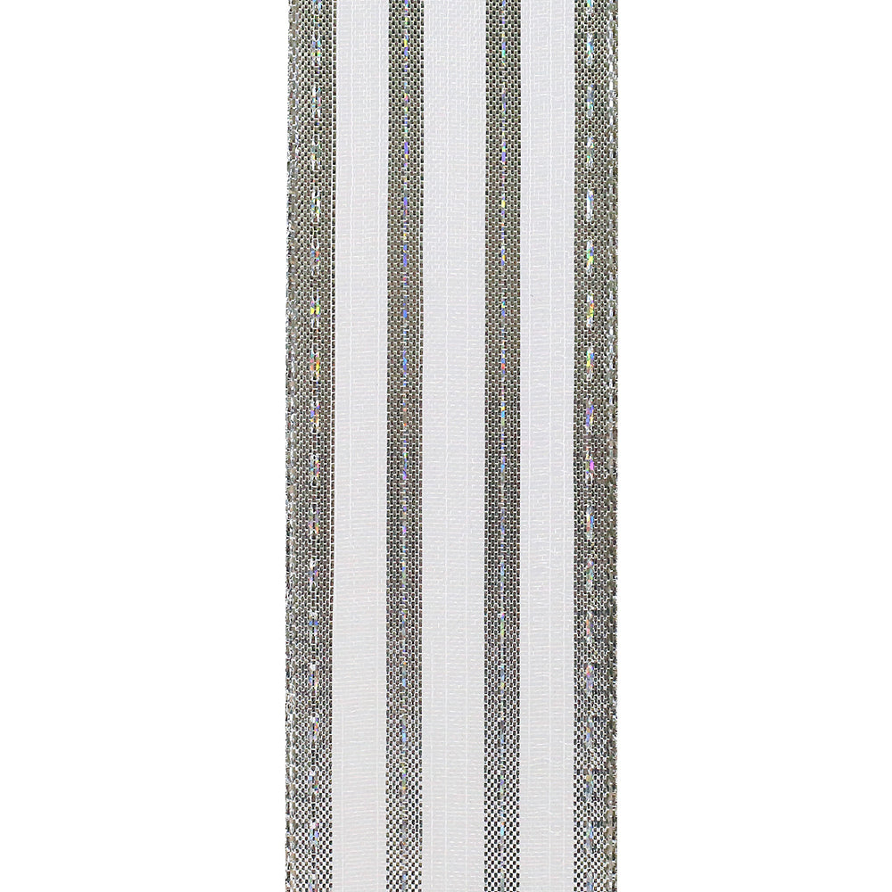 1 ½ inch x 10 yards ---  Silver --- Sheer Metallic Stripes Value Christmas Ribbon