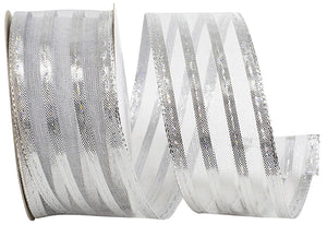 1 ½ inch x 10 yards ---  Silver --- Sheer Metallic Stripes Value Christmas Ribbon