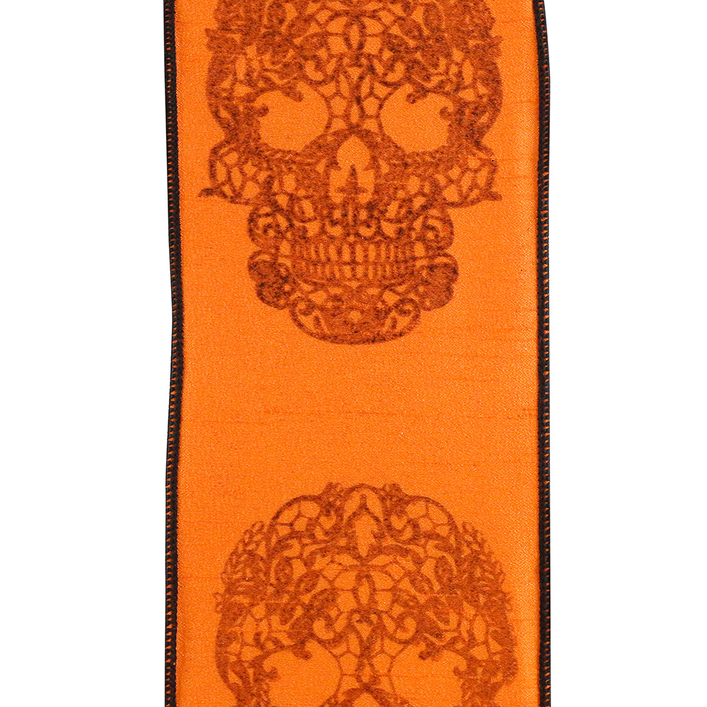 10 yards --- 4 inch -- Skull Glitter Wired Edge Ribbon, Orange - Black