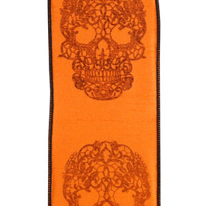 10 yards --- 4 inch -- Skull Glitter Wired Edge Ribbon, Orange - Black