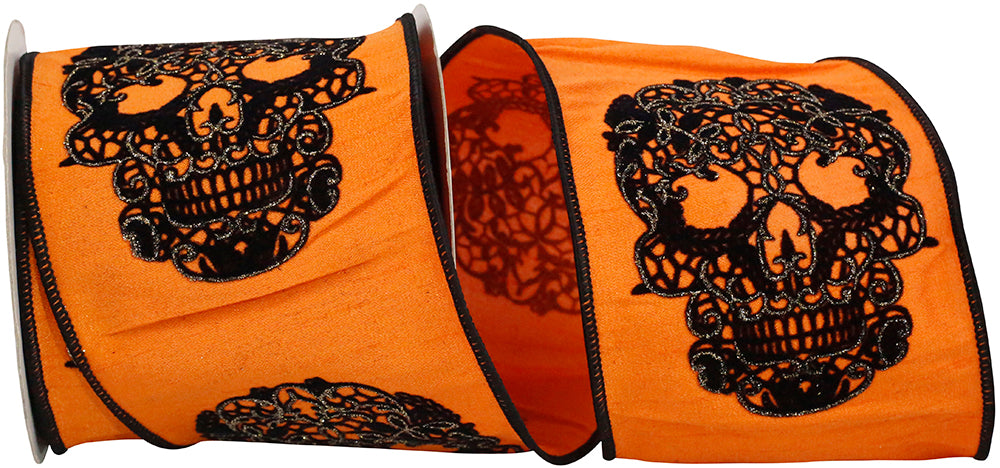 10 yards --- 4 inch -- Skull Glitter Wired Edge Ribbon, Orange - Black