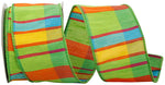 Load image into Gallery viewer, A loose curl of Citrus Life Plaid Wired Edge Ribbon, displaying its vibrant green, orange, yellow, and blue woven plaid pattern and matching green stitched wire edge.
