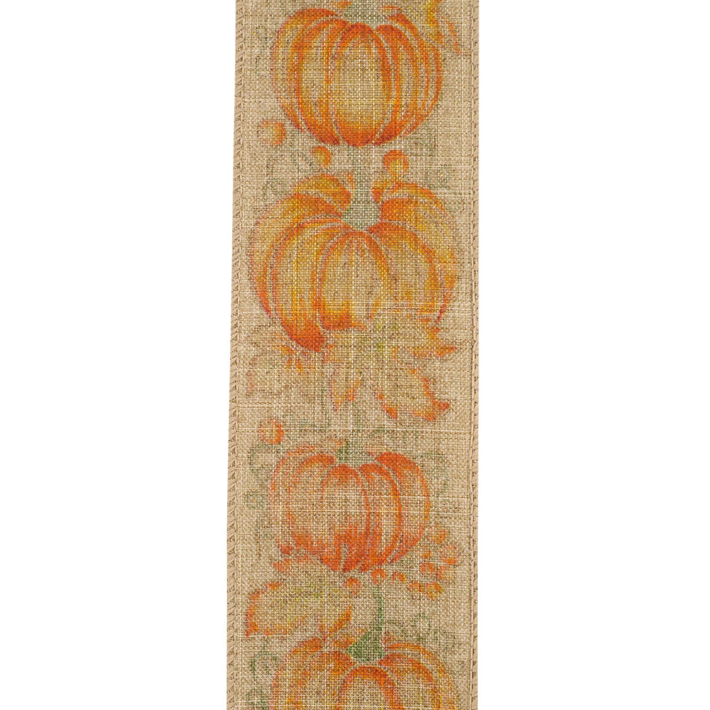 10 yards --- 2 ½ inch --  Pumpkin Row Linen Wired Edge Ribbon, Natural Background