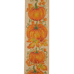 Load image into Gallery viewer, 10 yards --- 2 ½ inch --  Pumpkin Row Linen Wired Edge Ribbon, Natural Background
