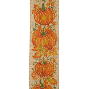 10 yards --- 2 ½ inch --  Pumpkin Row Linen Wired Edge Ribbon, Natural Background