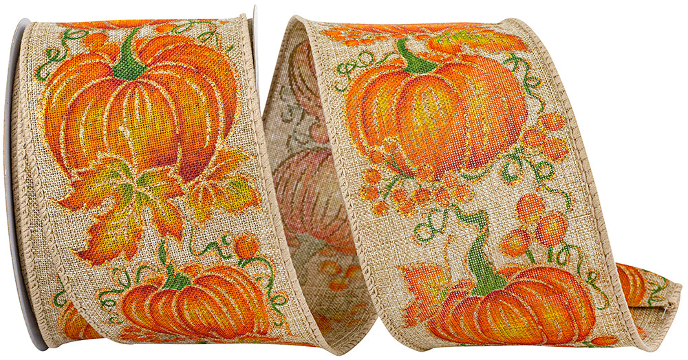 10 yards --- 2 ½ inch --  Pumpkin Row Linen Wired Edge Ribbon, Natural Background