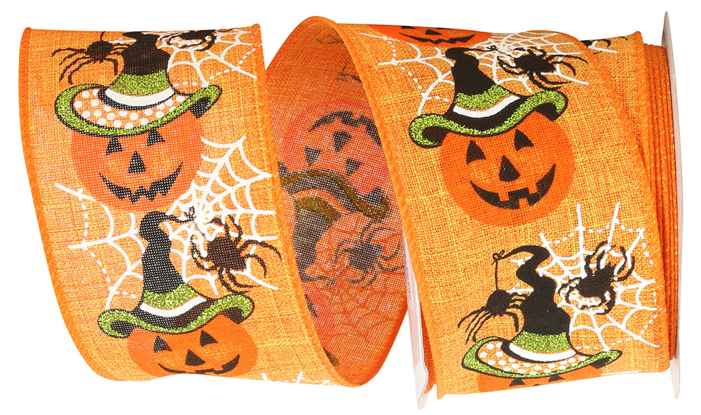 10 yards --- 2 ½ inch --  Jack-O-Lantern Web Linen Wired Edge Ribbon