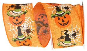 10 yards --- 2 ½ inch --  Jack-O-Lantern Web Linen Wired Edge Ribbon