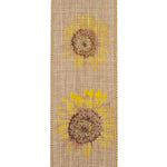 Load image into Gallery viewer, The reverse side of the 100% polyester sunflower ribbon, showing a softer, translucent look of the printed autumn blossom pattern through the woven natural backing.
