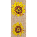 Load image into Gallery viewer, Close-up front view of the Sunflower Linen ribbon highlighting the detailed golden-yellow petals, brown seeded centers, and wire-reinforced stitched border.
