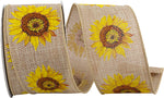 Load image into Gallery viewer, A full roll of 2.5 inch Sunflower Linen Wired Edge Ribbon in natural, showcasing large yellow sunflower prints on an oatmeal-textured fabric base.
