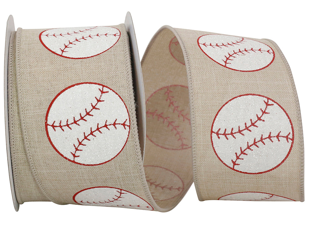 Baseball Linen Sparkle Wired Edge Ribbon - Natural Color -- 2.5" x 10 Yards