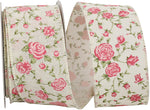 Load image into Gallery viewer, 2.5 inch Victorian Rose Hopsack Wired Edge Ribbon roll in ivory showing detailed vintage pink rose print
