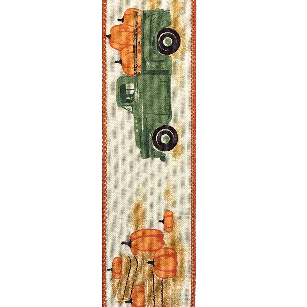 10 yards --- 2 ½ inch --  Pickup Truck with Pumpkins Linen Wired Edge Ribbon