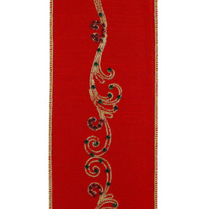 5 yards --- 4 inch --  Embroidered Jeweled Filigree Deluxe Dupioni Wired Edge -- Christmas Ribbon