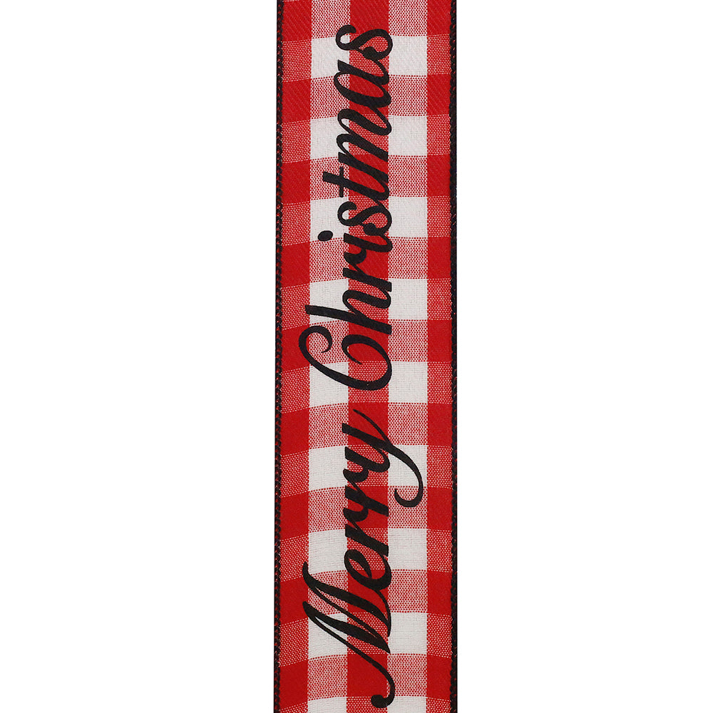 "MERRY CHRISTMAS" Celine Plaid Twill - Wired Edge Ribbon (Red & White)-- Various Yard Sizes