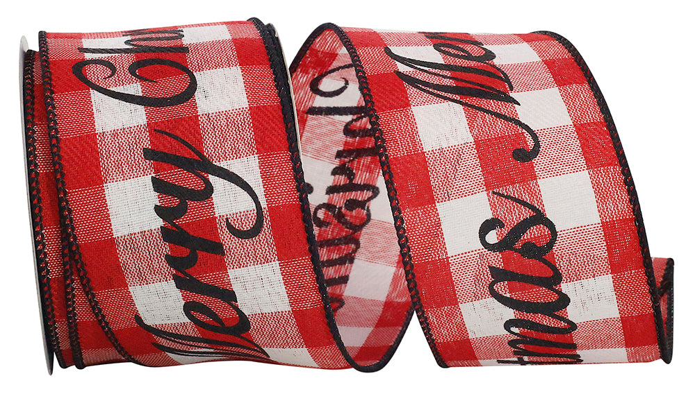 "MERRY CHRISTMAS" Celine Plaid Twill - Wired Edge Ribbon (Red & White)-- Various Yard Sizes