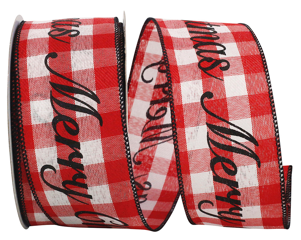 "MERRY CHRISTMAS" Celine Plaid Twill - Wired Edge Ribbon (Red & White)-- Various Yard Sizes