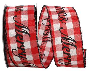 "MERRY CHRISTMAS" Celine Plaid Twill - Wired Edge Ribbon (Red & White)-- Various Yard Sizes