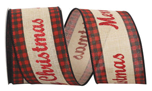 10 yards --- 2 ½ inch -- "MERRY CHRISTMAS" Glitter Gingham Wired Edge Ribbon (Red & Natural)