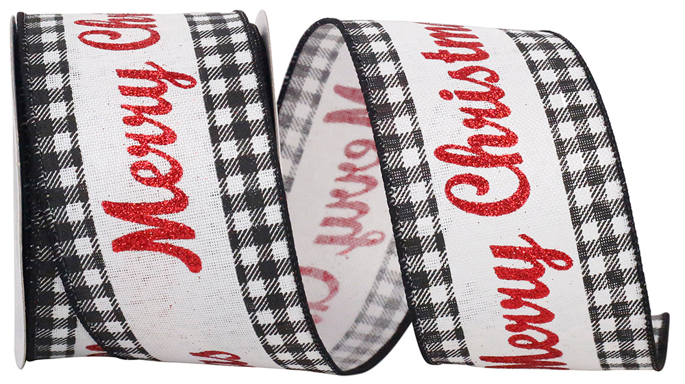 "MERRY CHRISTMAS" Glitter Gingham Wired Edge Ribbon (Black & White)-- Various Yard Sizes