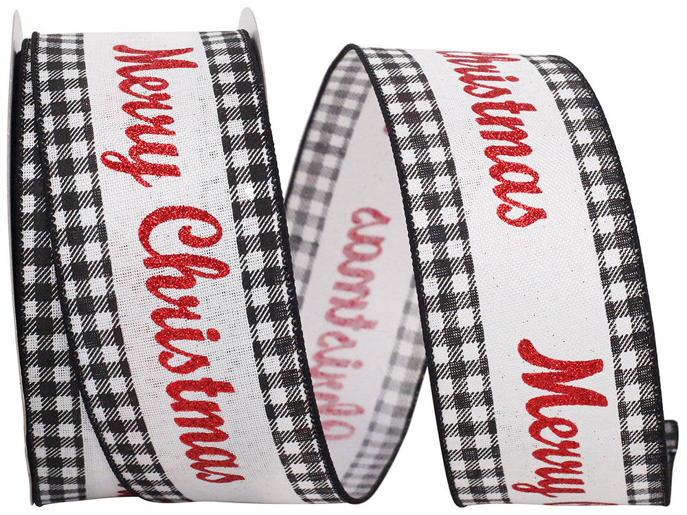 "MERRY CHRISTMAS" Glitter Gingham Wired Edge Ribbon (Black & White)-- Various Yard Sizes