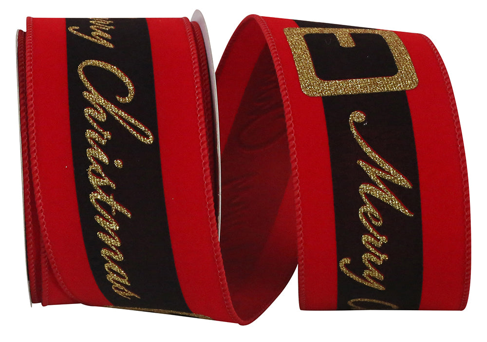 10 yards --- 2 ½ inch -- "MERRY CHRISTMAS" Santa Belt - Velvet Wired Edge Ribbon