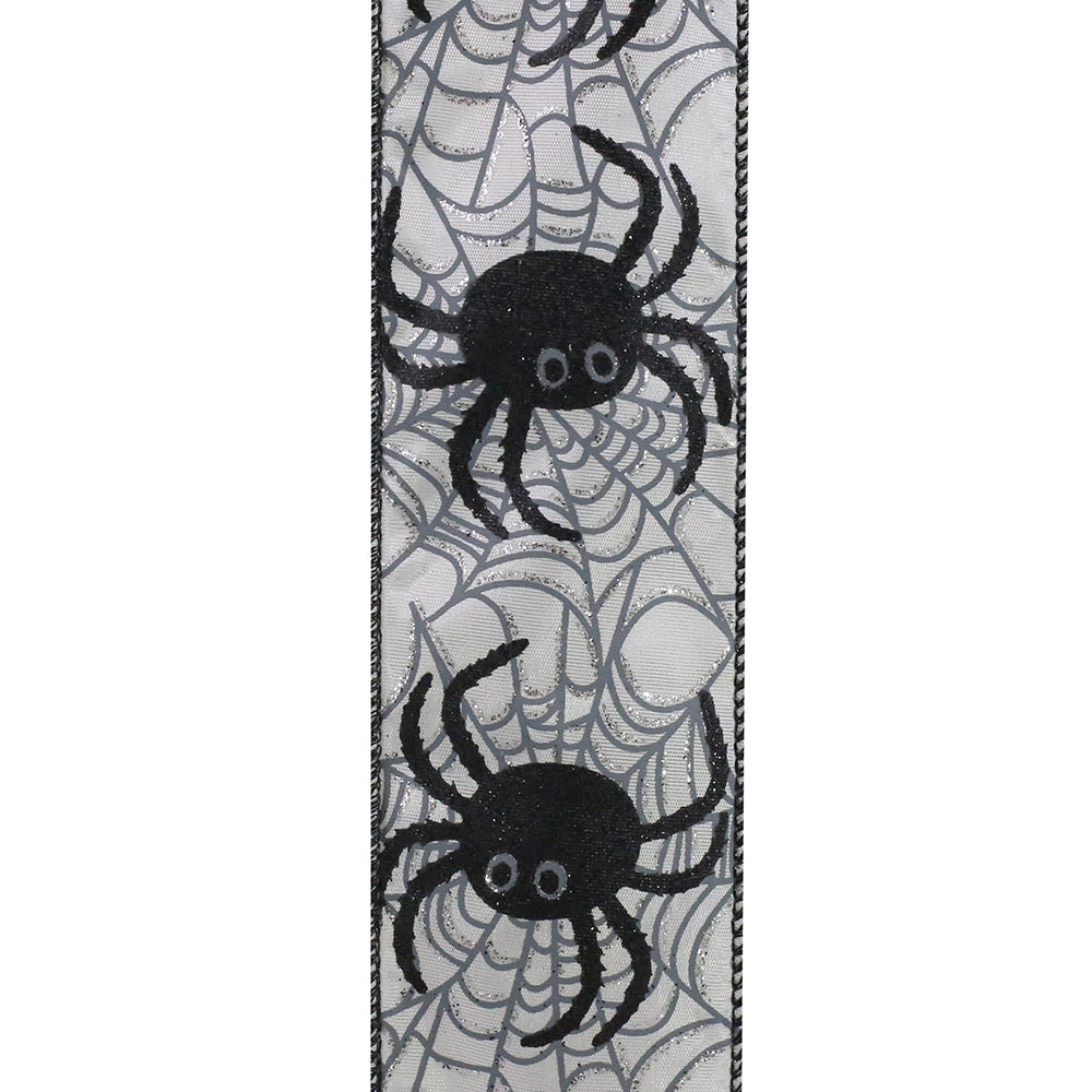 10 yards --- 2 ½ inch -- Spider Web Glitter Halloween Wired Edge Ribbon, White / Black