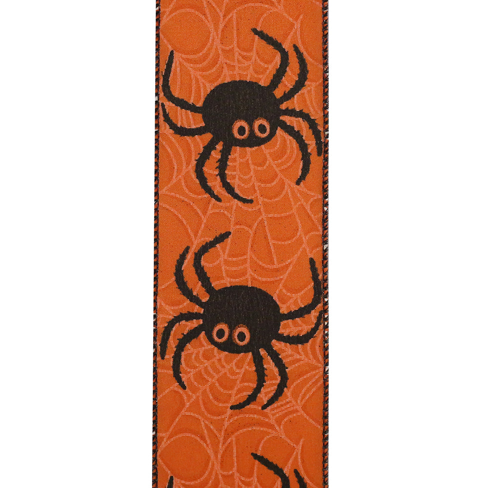 10 yards --- 2 ½ inch -- Spider Web Glitter Halloween Wired Edge Ribbon, Orange / Black