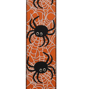 10 yards --- 2 ½ inch -- Spider Web Glitter Halloween Wired Edge Ribbon, Orange / Black