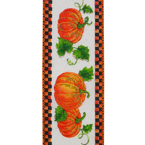 10 yards --- 2 ½ inch --  Pumpkin Patch with Ticking Wired Edge Ribbon