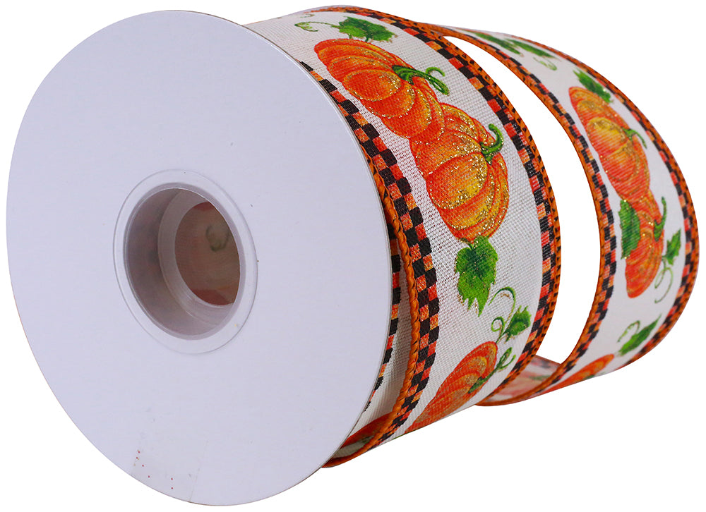 10 yards --- 2 ½ inch --  Pumpkin Patch with Ticking Wired Edge Ribbon