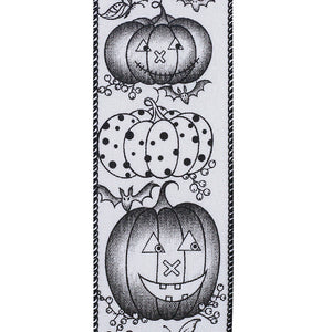 10 yards --- 2 ½ inch --  Jack-O-Lantern Pumpkin Monotone Linen Wired Edge Ribbon, White / Black