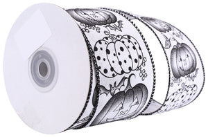 10 yards --- 2 ½ inch --  Jack-O-Lantern Pumpkin Monotone Linen Wired Edge Ribbon, White / Black