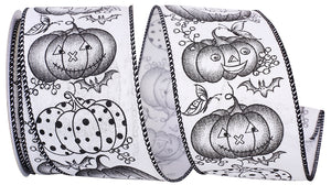 10 yards --- 2 ½ inch --  Jack-O-Lantern Pumpkin Monotone Linen Wired Edge Ribbon, White / Black