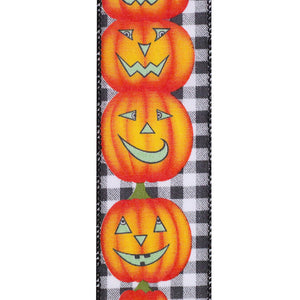10 yards --- 2 ½ inch --  Jack-O-Lantern Pumpkin Gingham Check Wired Edge Ribbon, Black & White