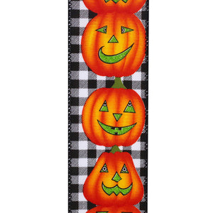 10 yards --- 2 ½ inch --  Jack-O-Lantern Pumpkin Gingham Check Wired Edge Ribbon, Black & White