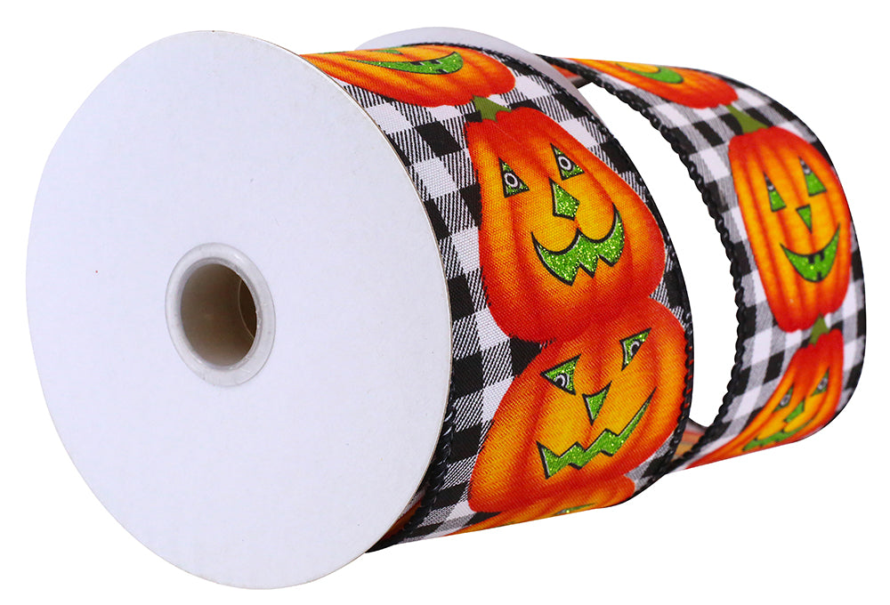 10 yards --- 2 ½ inch --  Jack-O-Lantern Pumpkin Gingham Check Wired Edge Ribbon, Black & White