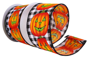 10 yards --- 2 ½ inch --  Jack-O-Lantern Pumpkin Gingham Check Wired Edge Ribbon, Black & White