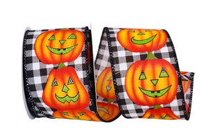 10 yards --- 2 ½ inch --  Jack-O-Lantern Pumpkin Gingham Check Wired Edge Ribbon, Black & White