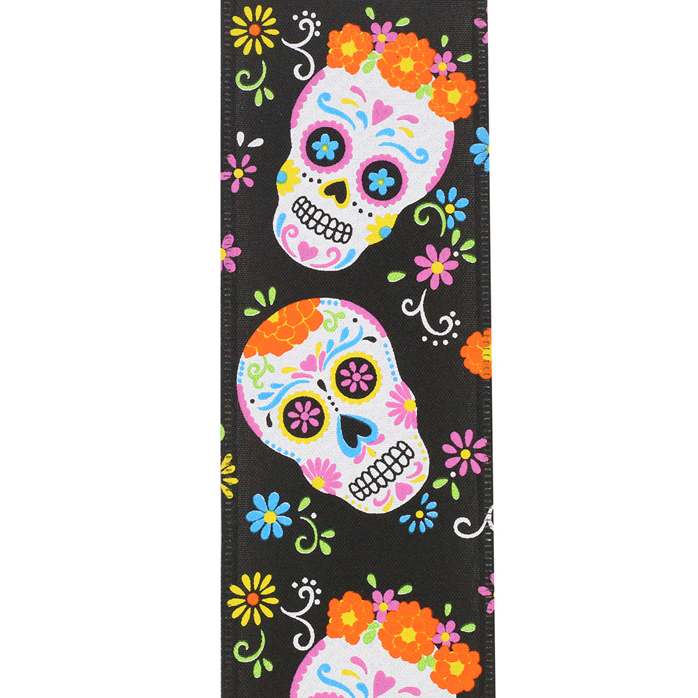 10 yards --- 2 ½ inch -- "Day of the Dead" -- Bright Skulls Wired Edge Ribbon, Black