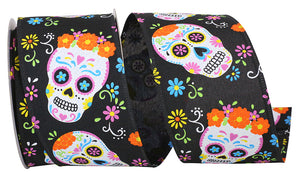 10 yards --- 2 ½ inch -- "Day of the Dead" -- Bright Skulls Wired Edge Ribbon, Black