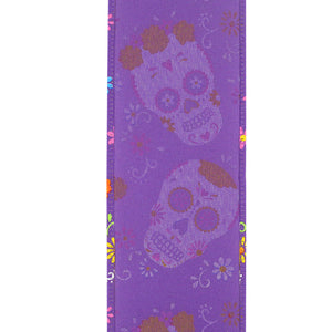 10 yards --- 2 ½ inch -- "Day of the Dead" -- Bright Skulls Wired Edge Ribbon, Purple