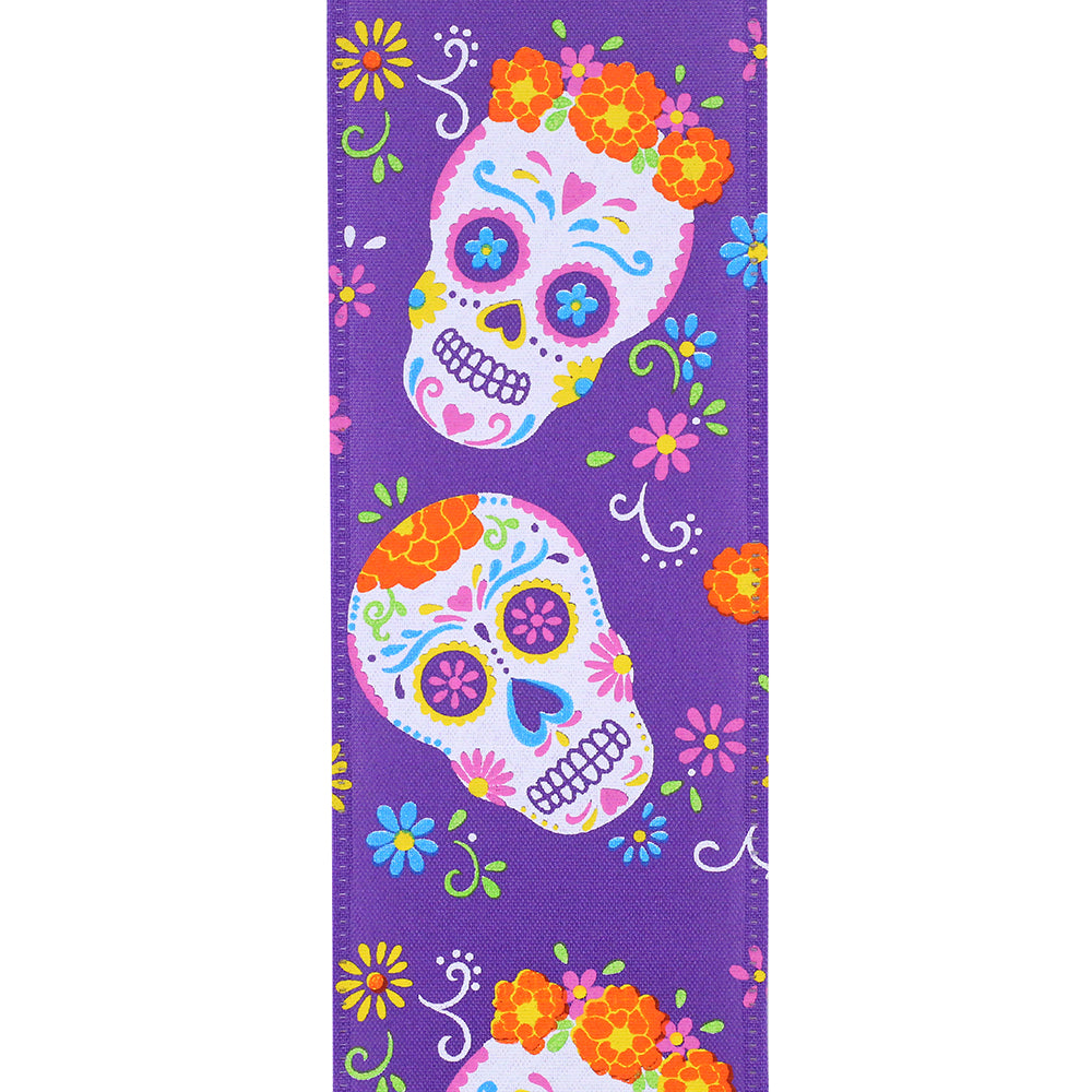 10 yards --- 2 ½ inch -- "Day of the Dead" -- Bright Skulls Wired Edge Ribbon, Purple