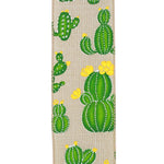 Load image into Gallery viewer, Close-up front view of the Cactus With Flowers ribbon featuring detailed green prickly pear and saguaro cactus illustrations with bright yellow blooms and a wire-reinforced stitched border.

